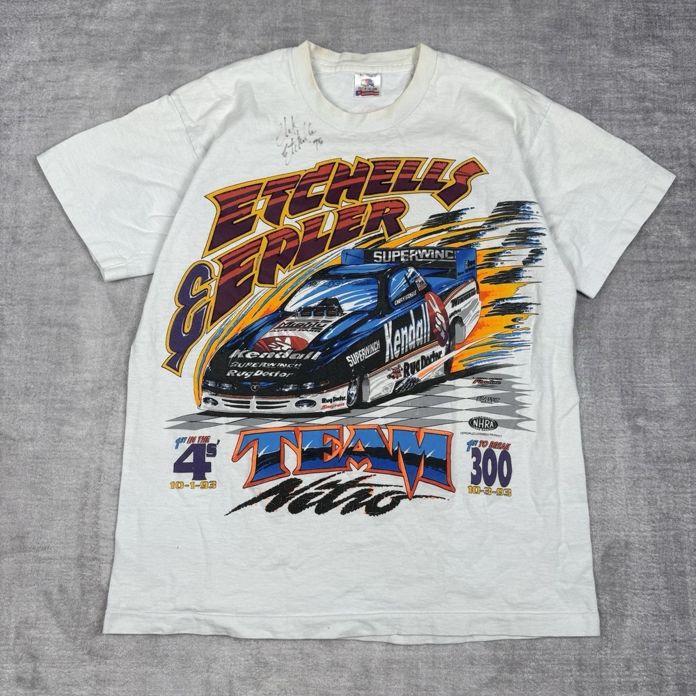 Etchells Gerler Shirt Mens Large White Vtg 90s Drag Racing Team Nitro‎ NHRA